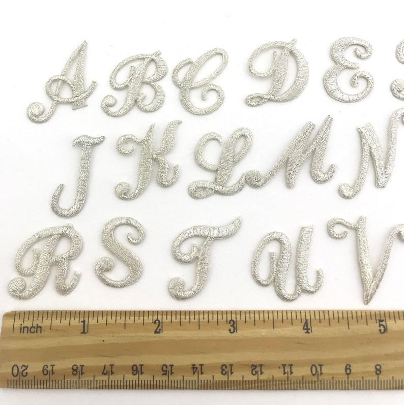 Iron on embroidered cursive letters silver applique craft supplise diy machine embroidery 1 inch monogram patch alphabet for name school. image 1