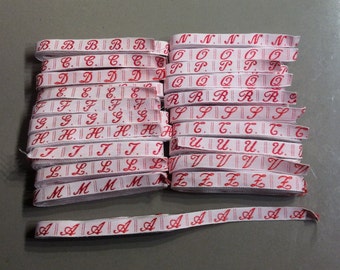 10 sew on embroidered label red letters on 0,4" white tape from 0 to 100 laundry label marker initials tag