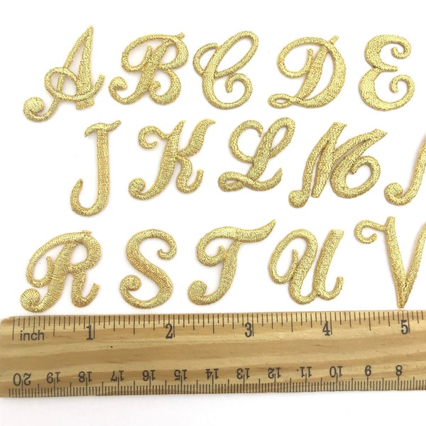 Iron on embroidered cursive letters gold applique craft supplise diy machine embroidery 1" inch monogram patch alphabet for name school kids