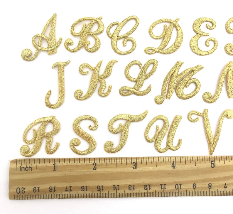Iron on embroidered cursive letters gold applique craft supplise diy machine embroidery 1 inch monogram patch alphabet for name school kids immagine 1