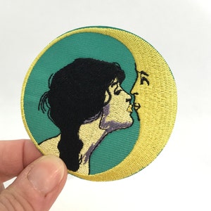 Iron on moon goddess patch woman kissing moon crescent embroidered applique diy badge reel cute black pack jeans gift idea friendship school