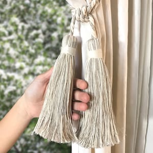 Rustic big white double linen and cotton tie back with tassel. Elegant drapery for window curtain handmade italian tuscany drapery decor.