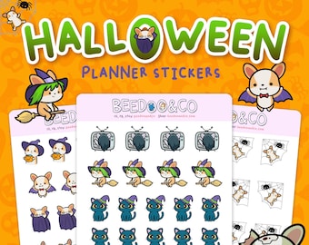 A Happy Corgi Halloween Planner Stickers | Erin Condren Stickers, Happy Planner, Zombie, Spooky, Witch, Vampire, Spiders, Trick or Treat