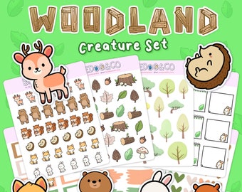 Woodland Creatures Set of Planner Stickers | Happy Planner, TN, Functional, Decorative, Forest, Animals, Bear, Fox, Hedgehog, Bunny