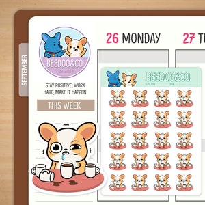 Op de afbeelding: Een set van 20 planner stickers met een cartoon corgi hond met een kopje koffie. De stickers zijn in een rasterpatroon gerangschikt en zijn perfect om een vleugje whimsy aan je planner toe te voegen.