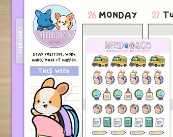 School Themed Corgi Planner Stickers | Happy Planner, TN, Functional, autumn, Cute, TN, Hobonichi, Bullet Journal, Bus, Pencils, Fall