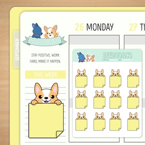 Könnte beinhalten: Ein Set mit 12 gelben Haftnotizen-Aufklebern, die einen Cartoon-Corgi zeigen, der über den oberen Rand jeder Notiz schaut. Der Corgi ist weiß mit braunen Flecken und hat einen fröhlichen Ausdruck. Die Notizen sind perfekt, um Ihrem Planer oder Tagebuch Erinnerungen, Notizen oder Dekorationen hinzuzufügen.