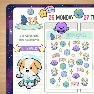 Stickers corgi spatiaux |  Happy Planner, TN, autocollants pour agenda, carnet du voyageur, Hobonichi, Bullet Journal, espace personnel