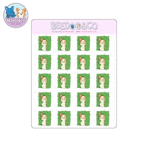 May include: A sheet of 16 stickers featuring a cartoon corgi peeking out from behind a bush. The corgi is brown and white with a pink nose and tongue. The bush is green and has a white outline. The stickers are arranged in a grid pattern on a white background. The text "BEEDOO&CO" is printed at the top of the sheet.