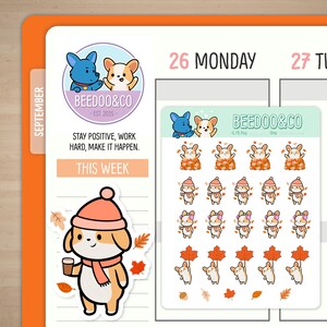 Puede incluir: Un conjunto de 18 pegatinas de temática otoñal con un perro corgi de dibujos animados que lleva una bufanda y un gorro. Las pegatinas incluyen al corgi sosteniendo una taza de café, usando auriculares y sosteniendo una hoja de arce. Las pegatinas son perfectas para añadir un toque otoñal a tu agenda, diario o portátil.