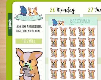 Old School Gamer Corgi Planner Stickers | Happy Planner, TN, Gameboy, Nintendo, Hand Drawn, Traveler's Notebook, Hobonichi, Bullet Journal