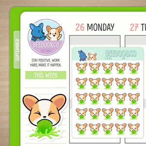 May include: A sheet of stickers featuring a cartoon corgi dog with a green vomit-like substance coming out of its mouth. The stickers are arranged in a grid pattern on a white background. The text "BEEDOO&CO" is at the top of the sheet.