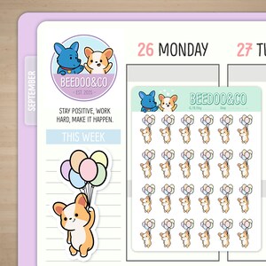 May include: A sheet of stickers featuring a cartoon corgi holding balloons. The corgi is wearing a pink collar and has a happy expression. The balloons are pink, blue, yellow, and green. The stickers are arranged in a grid pattern. The text "BEEDOO&CO" is at the top of the sheet. The text "IG FB Etsy Shop" is at the bottom of the sheet.