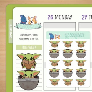 May include: A sheet of stickers featuring a cartoon character from the Star Wars franchise, known as "The Child" or "Baby Yoda". The stickers are in a white border and feature the character in various poses, including sitting in a floating pod. The text "BEEDOO & CO" is visible in the top right corner of the image.