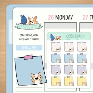 May include: A set of 12 printable planner stickers featuring a cute cartoon corgi dog. The stickers are in various pastel colours and have a white border. The stickers are perfect for adding a touch of whimsy to your planner or journal.
