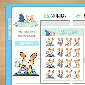 May include: A set of 12 colourful stickers featuring a cartoon corgi dog doing various chores, including washing dishes, cleaning with a spray bottle, sweeping, and vacuuming. The stickers are perfect for adding a touch of fun to planners, journals, and other surfaces.