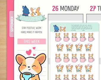 Hand Drawn Corgi Coffee Planner Stickers | Caffeine, Happy Planner, TN, Need Coffee, Morning Coffee, Tea, That&#39;s the Tea, What&#39;s the Tea