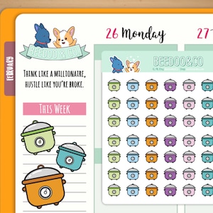 May include: A sheet of stickers featuring a variety of colourful slow cooker illustrations. The stickers are arranged in a grid pattern and feature different colours and designs. The text "BEEDOO & CO." is at the top of the sheet.