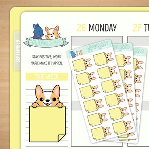 Könnte beinhalten: Ein Satz von drei Blättern gelber Haftnotizen mit einem Cartoon-Corgi, der über den oberen Rand jeder Notiz schaut. Der Corgi ist braun und weiß mit einer rosa Nase und Zunge. Der Text "BEELOO&CO" ist oben auf jedem Blatt gedruckt. Der Text "STAY POSITIVE, WORK HARD, MAKE IT HAPPEN." ist auf weißem Hintergrund gedruckt.