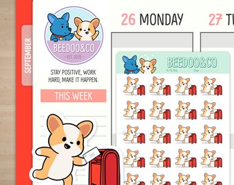 Corgi Dropping Off Mail Planner Stickers (Red) | Happy Mail, Self Care, Bullet Journal, TN, Cute, Kawaii, Corgi, Enjoy, Mail Day, Pen Pals