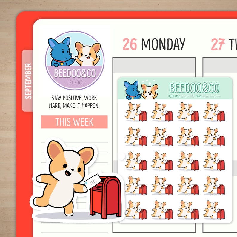 Corgi Dropping Off Mail Planner Stickers Red Happy Mail, Self Care, Bullet Journal, TN, Cute, Kawaii, Corgi, Enjoy, Mail Day, Pen Pals image 1