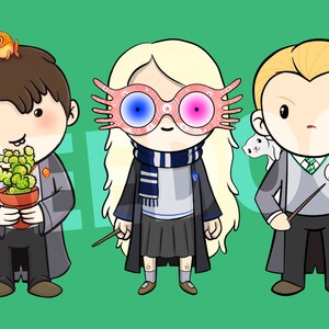 May include: Three cartoon characters from the Harry Potter series. A boy with brown hair holds a potted cactus, a girl with blonde hair wears pink and blue glasses, and a boy with blonde hair holds a wand.