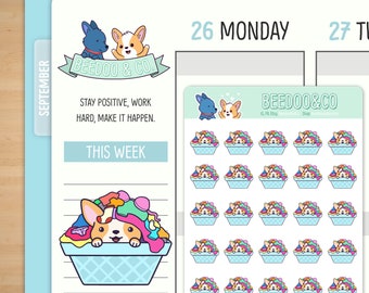 Laundry Day Corgi Stickers | Happy Planner, Functional, Chores, Cleaning, Deco, Traveler&#39;s Notebook, Hobonichi, Bullet Journal