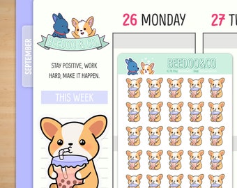 Hand Drawn Corgi Bubble Tea Planner Stickers | BBT, Happy Planner, TN, Asian, Boba, Tapioca, Boba Tea, Cha Time, Milk Tea