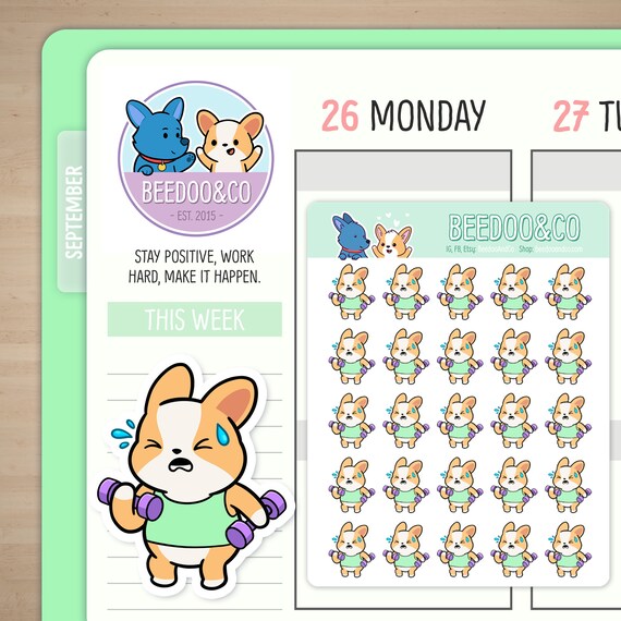 Corgi Workout Planner Stickers | Quality Time, Dumbbells, Bullet Journal, Swole, TN, Cute, Kawaii, Corgi, Enjoy, Tracking, Lifting Weights