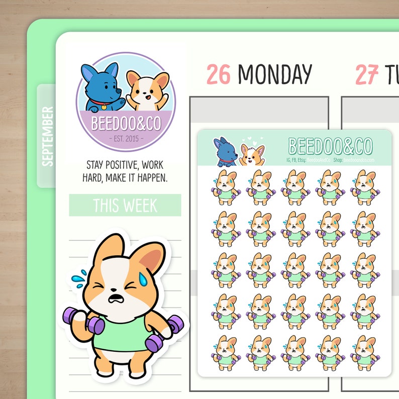 May include: A set of 25 planner stickers featuring a cartoon corgi dog wearing a green tank top and lifting pink dumbbells. The corgi is sweating and has a determined expression on its face. The stickers are perfect for adding a touch of fun and motivation to your planner.