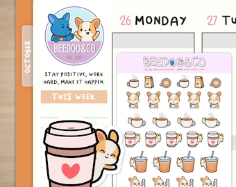 Corgi Loves Coffee Planner Stickers | Erin Condren Stickers, Happy Planner, TN, Caffeine, Funny, Espresso, Latte, Cappucino