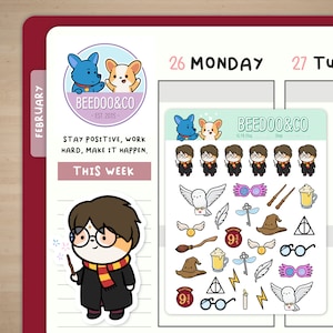 May include: A set of Harry Potter themed stickers featuring a cartoon character wearing a black robe and glasses, a white owl, a golden snitch, a wand, a sorting hat, a lightning bolt, a pair of glasses, a goblet, a key, a feather, a platform 9 3/4 sign, and a triangle with a circle inside. The stickers are on a white background.