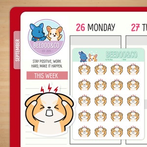 May include: A set of 20 planner stickers featuring a cartoon dog with a red face and lightning bolts above its head. The stickers are designed to represent stress or overwhelm. The stickers are part of a larger set of planner stickers from the company Beedoo & Co.