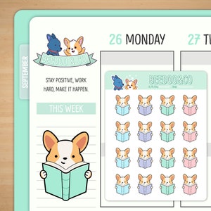 May include: A set of 16 planner stickers featuring a cartoon corgi dog reading a book. The stickers are in various colours, including blue, purple, green, and pink. The stickers are perfect for adding a touch of whimsy to your planner.