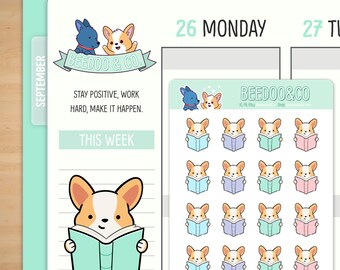 Read a Book Corgi Planner Stickers | Happy Planner, Reading, Readathon, Booknerd, Bookworm, Traveler&#39;s Notebook, Hobonichi, Bullet Journal