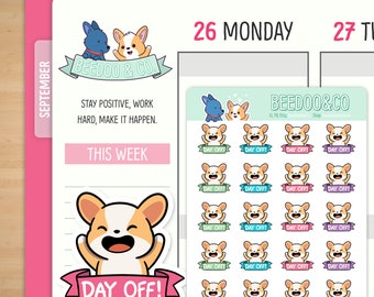 Day Off Neons Corgi Planner Stickers | Quality Time, Time Off, Bullet Journal, Daughter, TN, Cute, Kawaii, Corgi, Enjoy, Woohoo