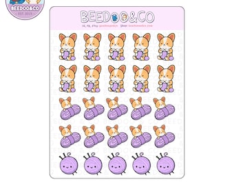 Knitting Corgi Planner Stickers | Hand Drawn Planner Stickers, Happy Planner, TN, Crafting, Crocheting, Yarn, Handmade, Knit