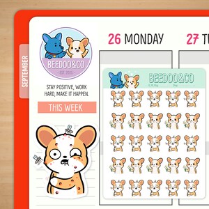 May include: A sheet of planner stickers featuring a cartoon corgi dog with different expressions. The stickers are on a white background and include a variety of designs, including a corgi with a flower, a corgi with a fly, and a corgi with a surprised expression. The stickers are perfect for adding a touch of fun and personality to your planner.