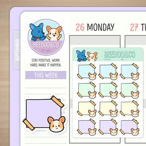 May include: A set of 12 colorful planner stickers featuring a cartoon dog and a corgi. Each sticker has a blank space for writing and a cute dog face. The stickers are perfect for adding a touch of fun to your planner or journal.
