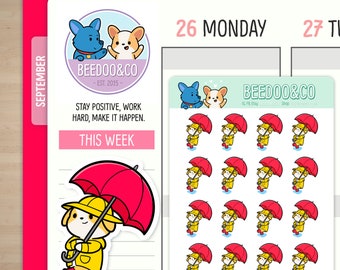 Corgi In A Raincoat Planner Stickers | Erin Condren Stickers, Happy Planner, TN, Raining, Weather, Puddles, Spring, Corgi