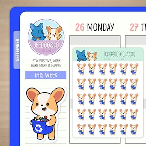 May include: A sheet of 36 stickers featuring a cartoon corgi holding a blue recycling bin. The corgi is wearing a blue and white striped shirt. The stickers are arranged in a grid pattern. The text "BEEDOO&CO" is at the top of the sheet.