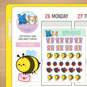 May include: A set of colorful planner stickers featuring a bee, butterfly, and ladybug designs. The stickers are on a white background with the text "Beedoo & Co. - Est. 2015 -" and "Stay positive, work hard, make it happen. This week".