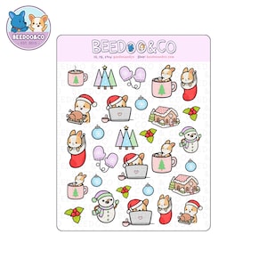 May include: A sheet of Christmas-themed stickers featuring cartoon corgis, mugs of cocoa, Christmas trees, mittens, ornaments, gingerbread houses, and snowmen. The stickers include the text "BEEDOO&CO" and social media information.