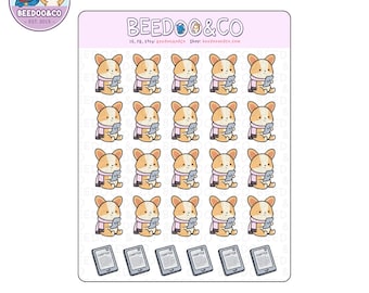 Cozy Corgi Using E-Reader Planner Stickers | Holidays, Cozy, Bullet Journal, Funny, Cute, Kawaii, Corgi, Kindle