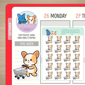 Corgi With A Shopping Cart Planner Stickers | Corgi, Bullet Journal, Funny, TN, Cute, Kawaii, Happy, Grocery Shop, Errands