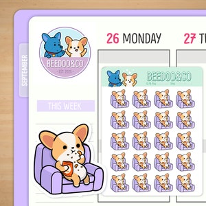 May include: A planner page with corgi-themed stickers. The stickers depict a cartoon corgi in a purple armchair eating snacks, and a sheet of corgis in armchairs. The page also features the text "BEEDOO&CO - EST. 2015-".