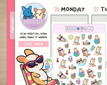 Corgi At Beach Day Planner Stickers | Corgi, Bullet Journal, Funny, TN, Cute, Kawaii, Happy, Planner, Stationery, Planning, Outdoors, Summer