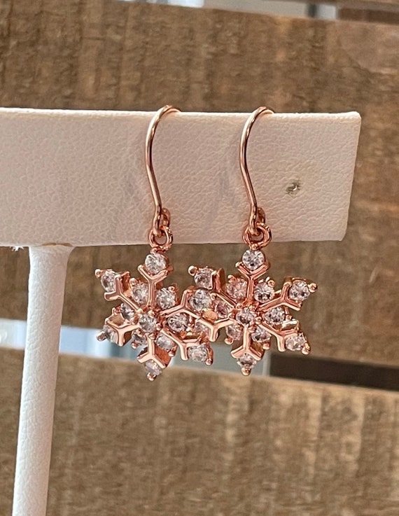 Rose Gold gold silver and Rhinestone Snowflake Earrings Etsy