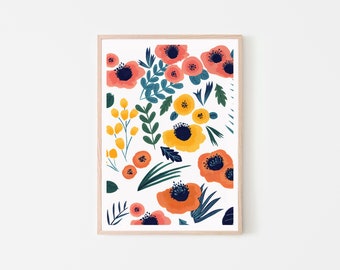 Impresión de arte ilustrada de flores de primavera A4 - Impresión de ilustración de flores - Impresión de arte floral - Arte de pared botánico - Impresión de arte de flores