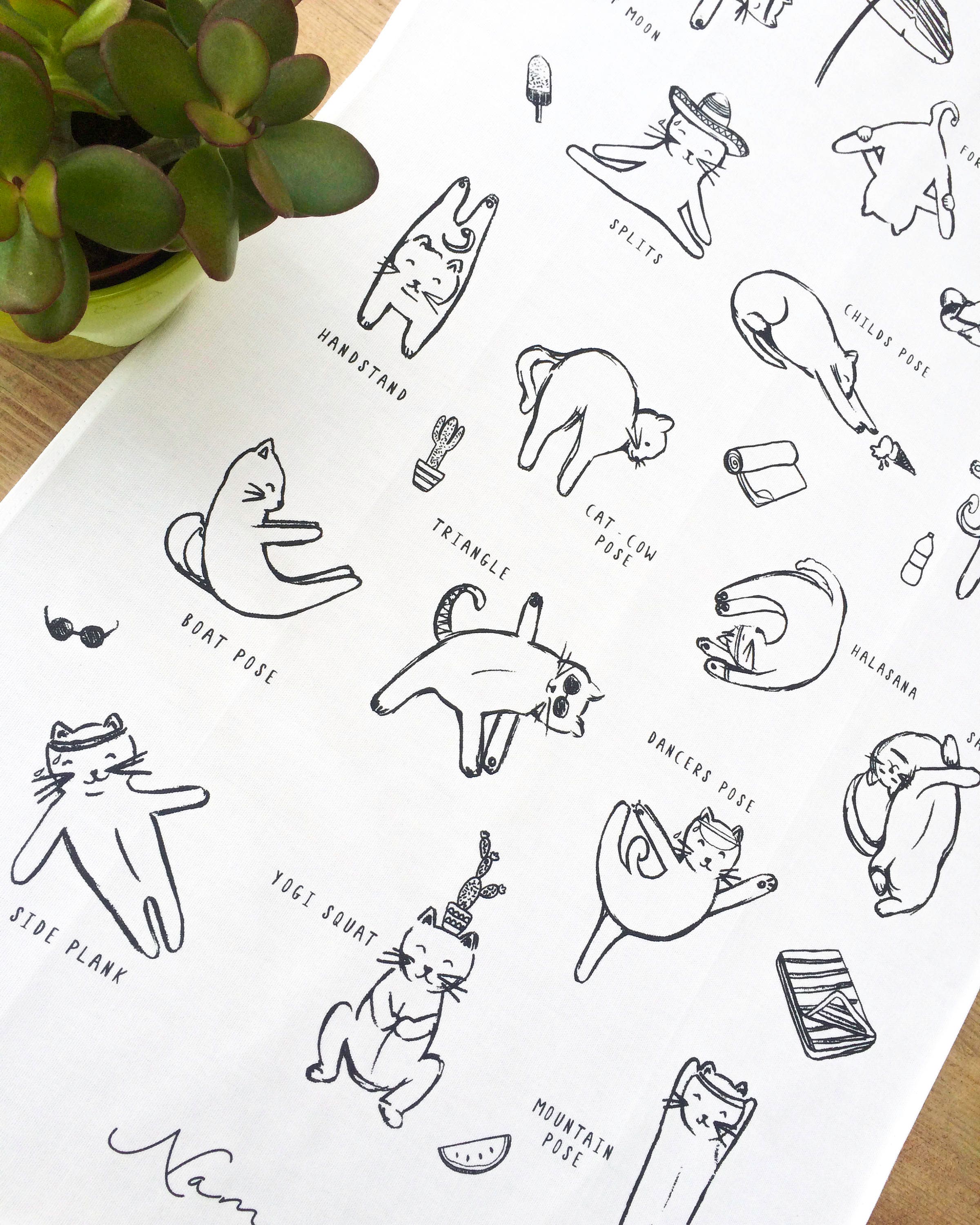 Hot Yoga for Cats Funny Illustrated Tea Towel - Cat Lover Gift - Cat …